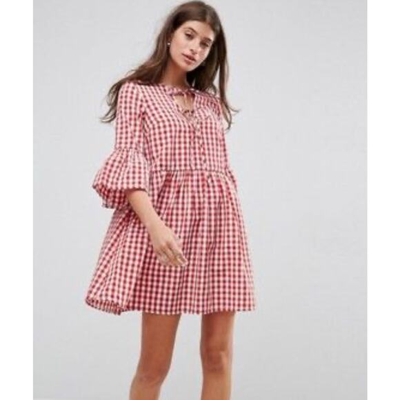 ASOS Dresses & Skirts - ASOS Gingham Babydoll Dress Womens Size 12 Red Tie Front Bell Sleeve Americana